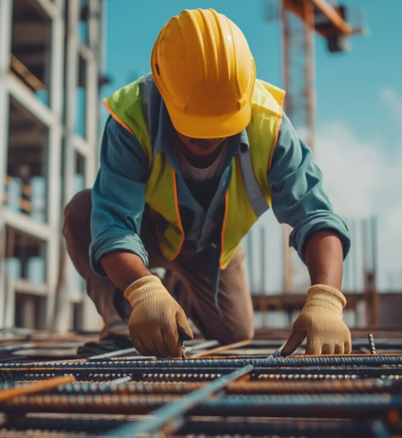 Professionnel du bâtiment préparant une armature sur un chantier